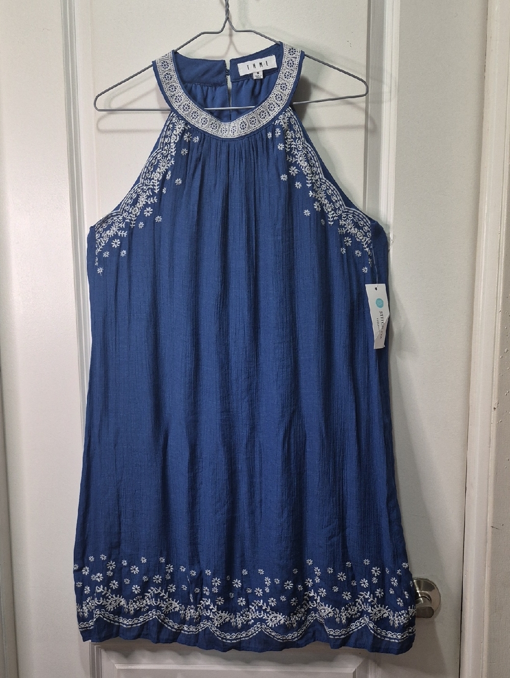 THML Blue Embroidered Halter Mini Dress